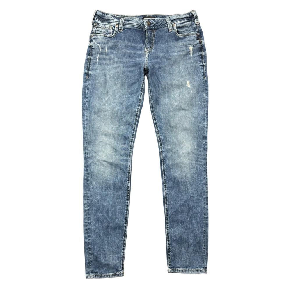 Silver Jeans Women 33x29 (32x31) Blue Girlfriend Distressed Stretch Denim Y2K